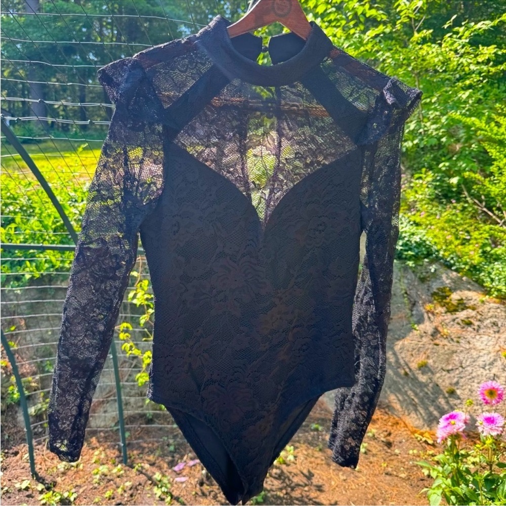 NWOT Black Bodysuit with Sheer Lace Long Sleeves and Plunging Neckline